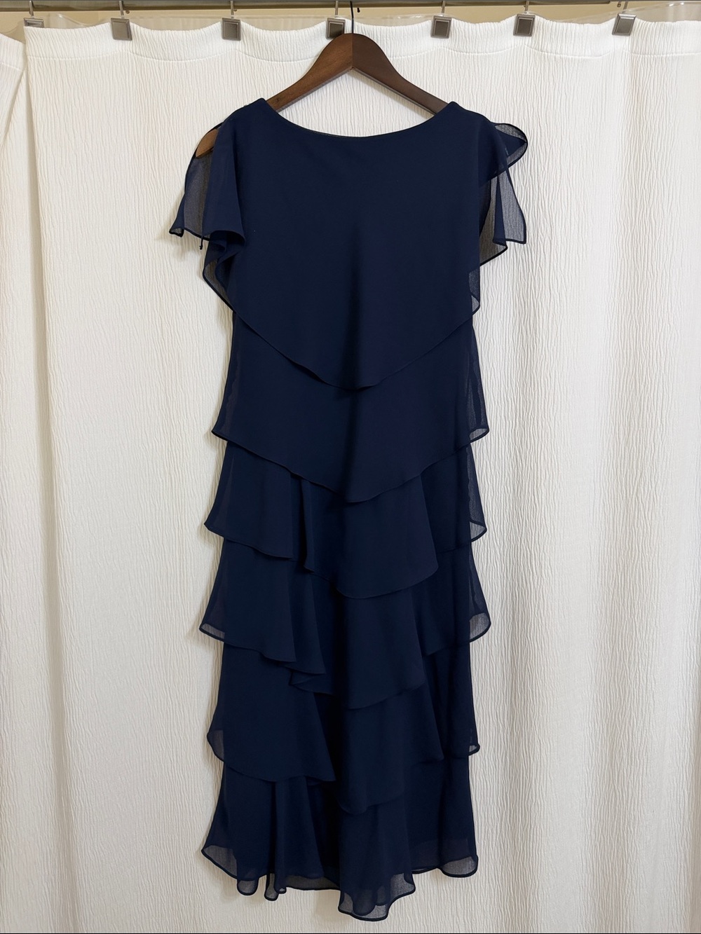 SLNY Navy Tiered Chiffon Midi Dress